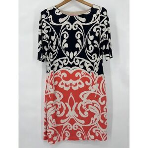 Eliza J Womens 6 Navy Coral Ikat Damask Scroll Print Sheath Dress Stretch